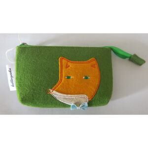 HELLOGEEKS *NWT* Felt Fox Pouch Coin Purse Wallet Zipper Make Up Bag Green
